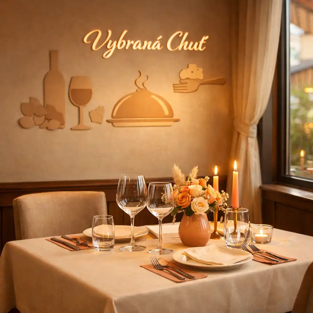 Detailní pohled na jídelní část restaurace Vybraná Chuť se stolem pro dva u okna