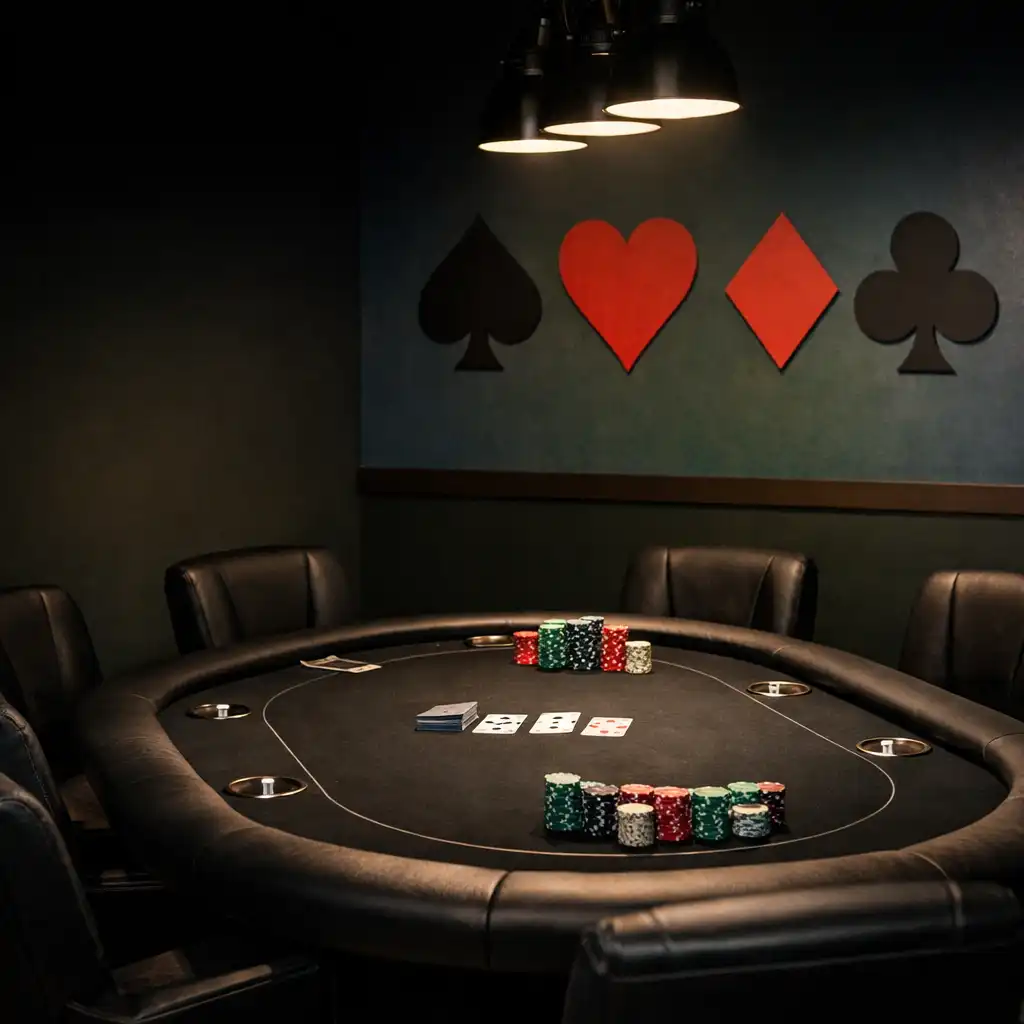 Pohled do Poker Room ve Vybrané Chuti s profesionálním pokerovým stolem, žetony a kartami
