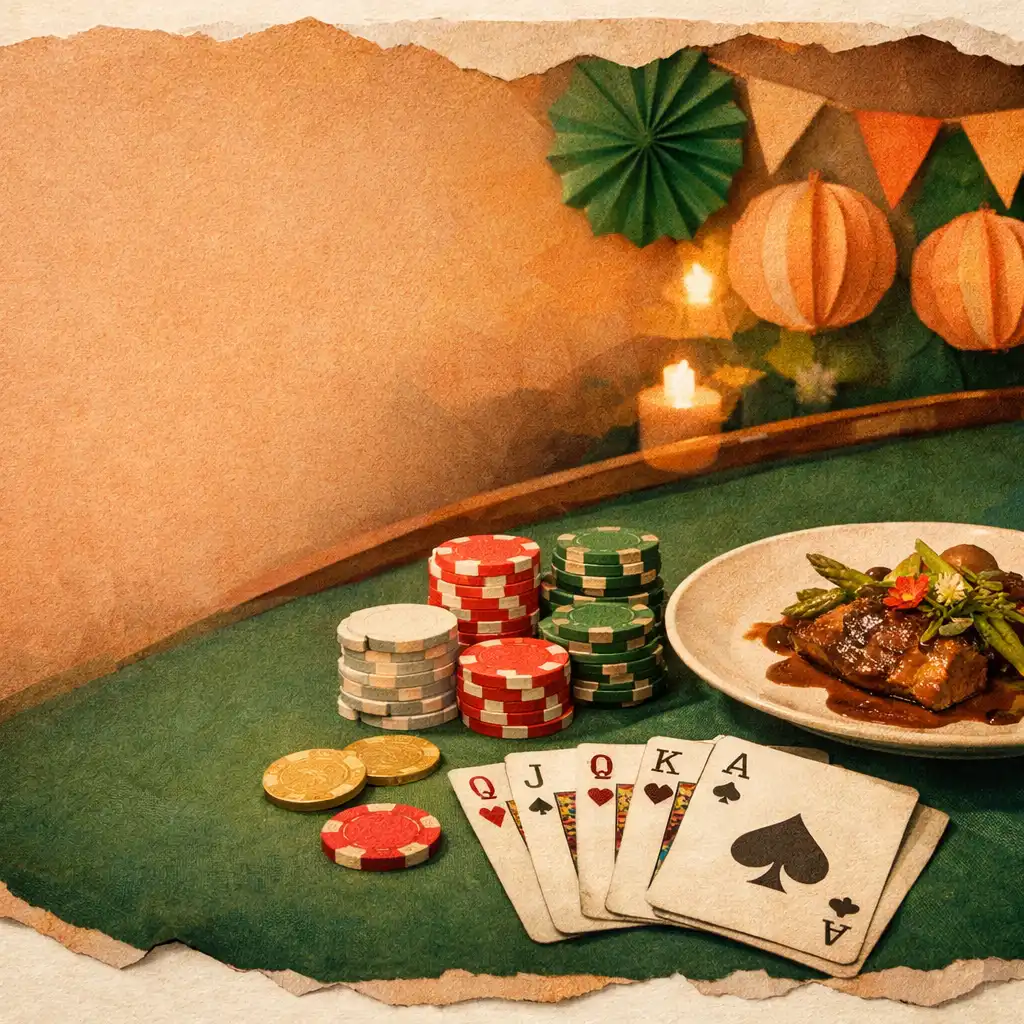 Pokerový stůl s kartami, žetony a elegantním pokrmem v restauraci Vybraná Chuť
