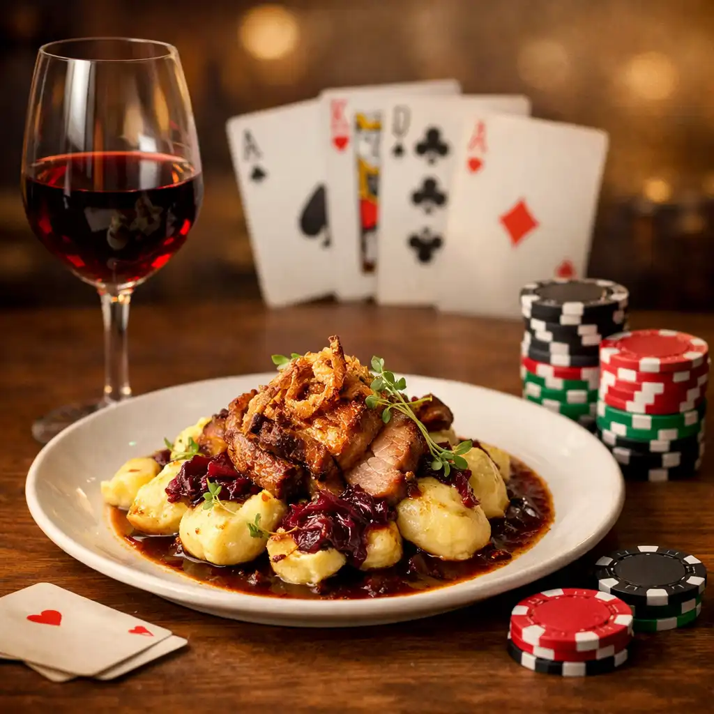 Jídlo a pokerové žetony na stole v restauraci Vybraná Chuť