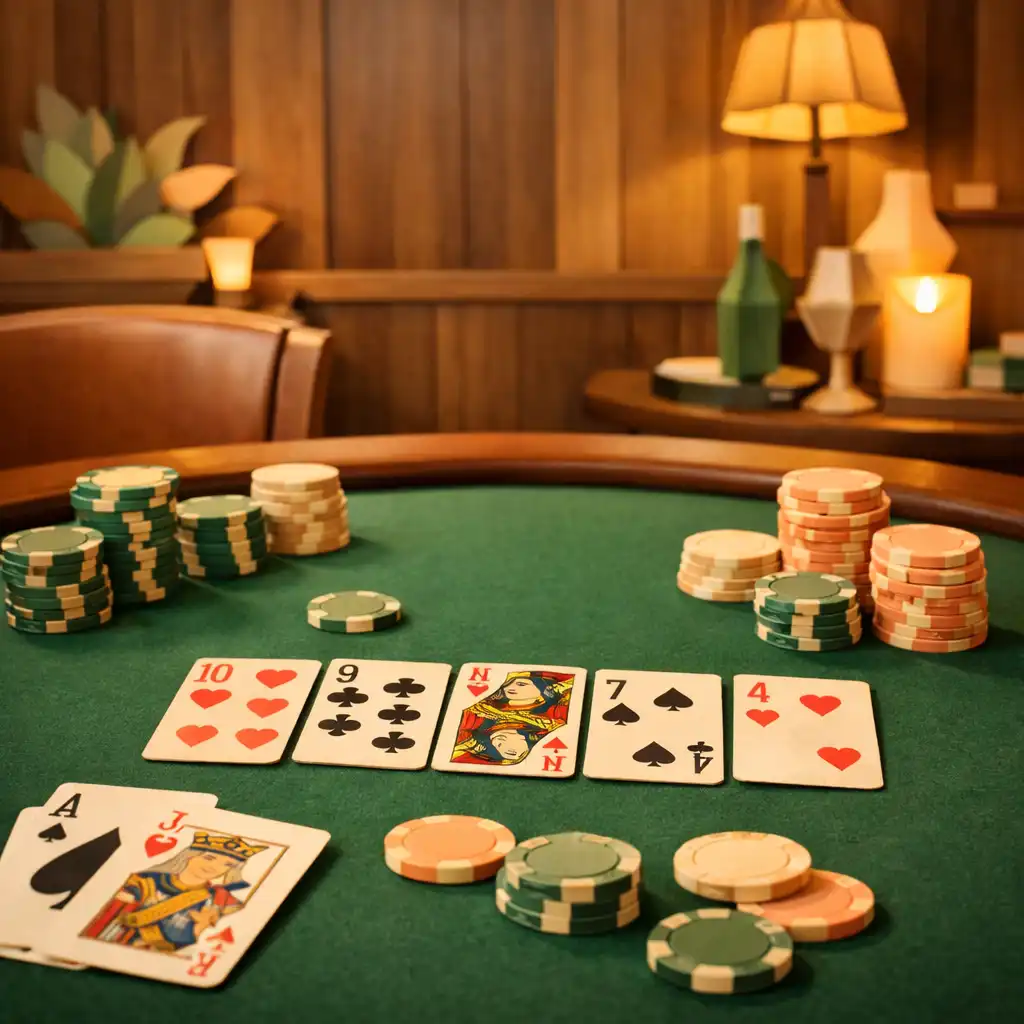 Pokerový stůl v restauraci Vybraná Chuť s kartami a žetony