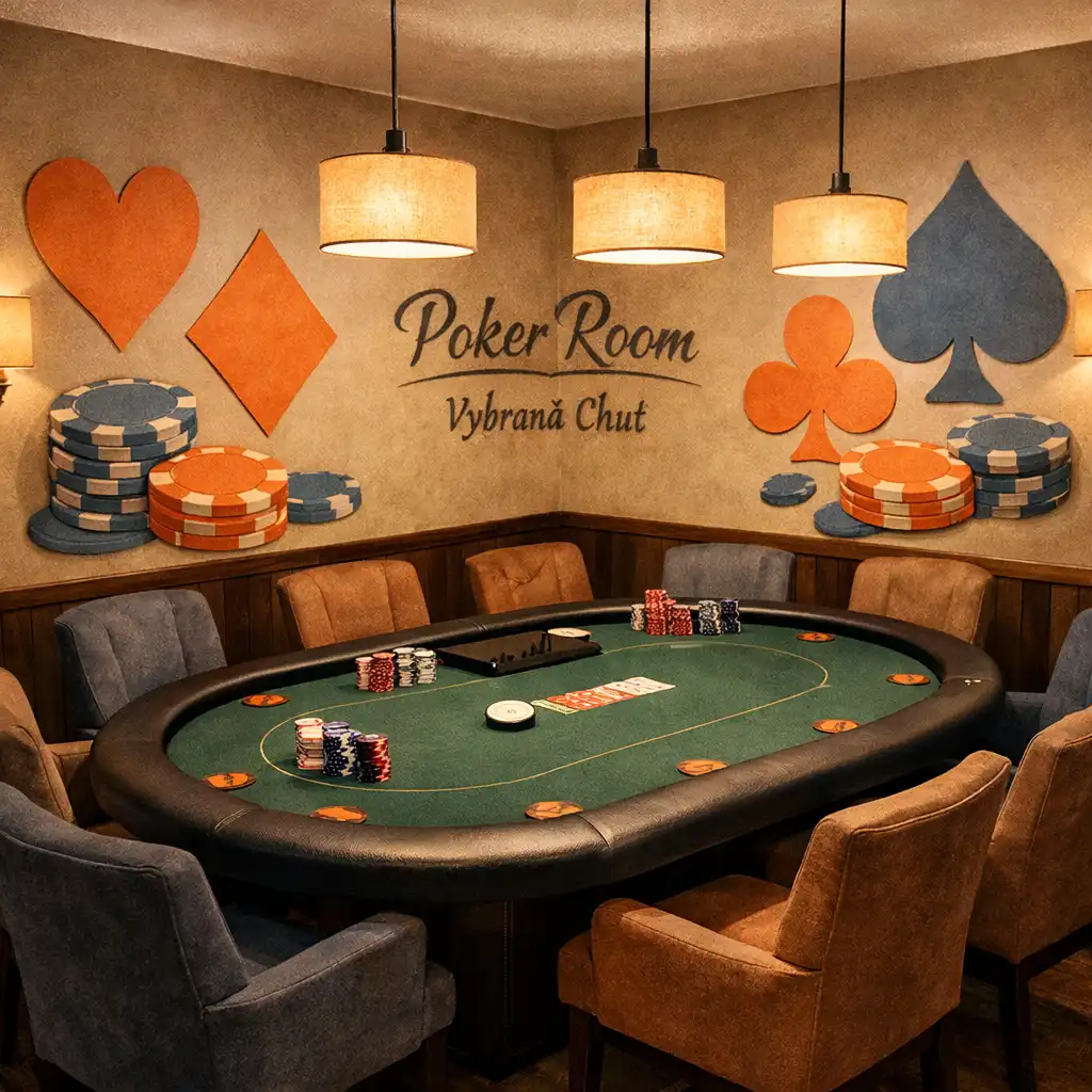 Interiér Poker Room s pokerovým stolem a papírovými dekoracemi