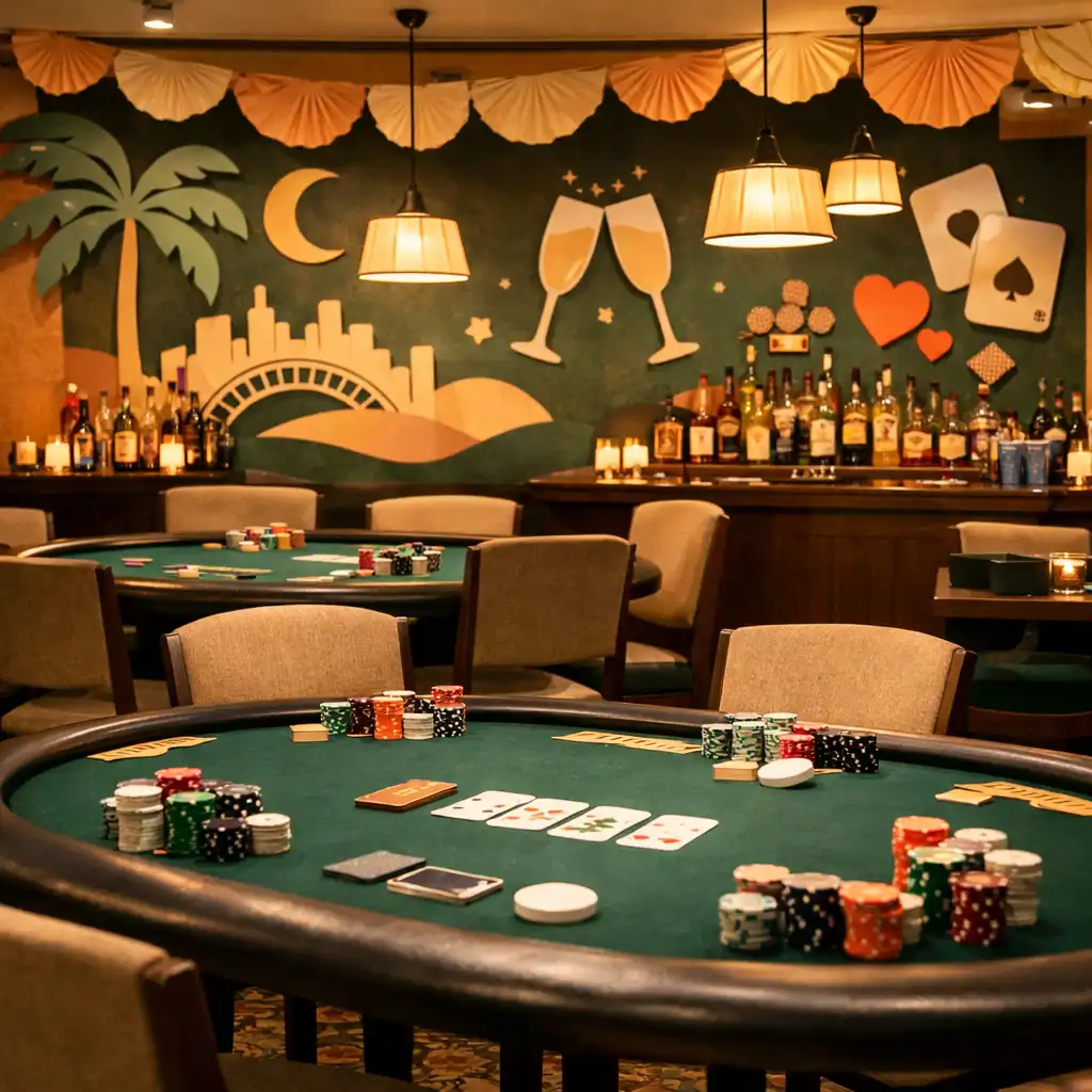 Poker Room připravená pro soukromou akci s pokerovými stoly a barem