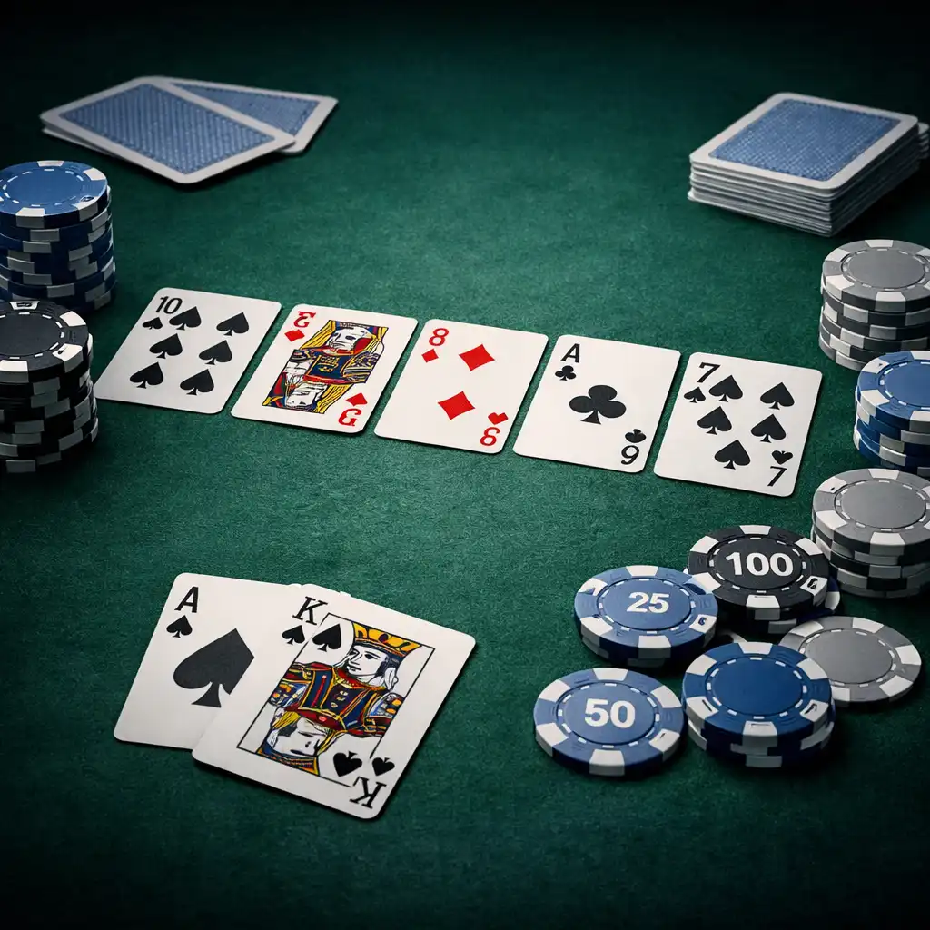 Pokerový stůl s plstěným povrchem, kartami a žetony
