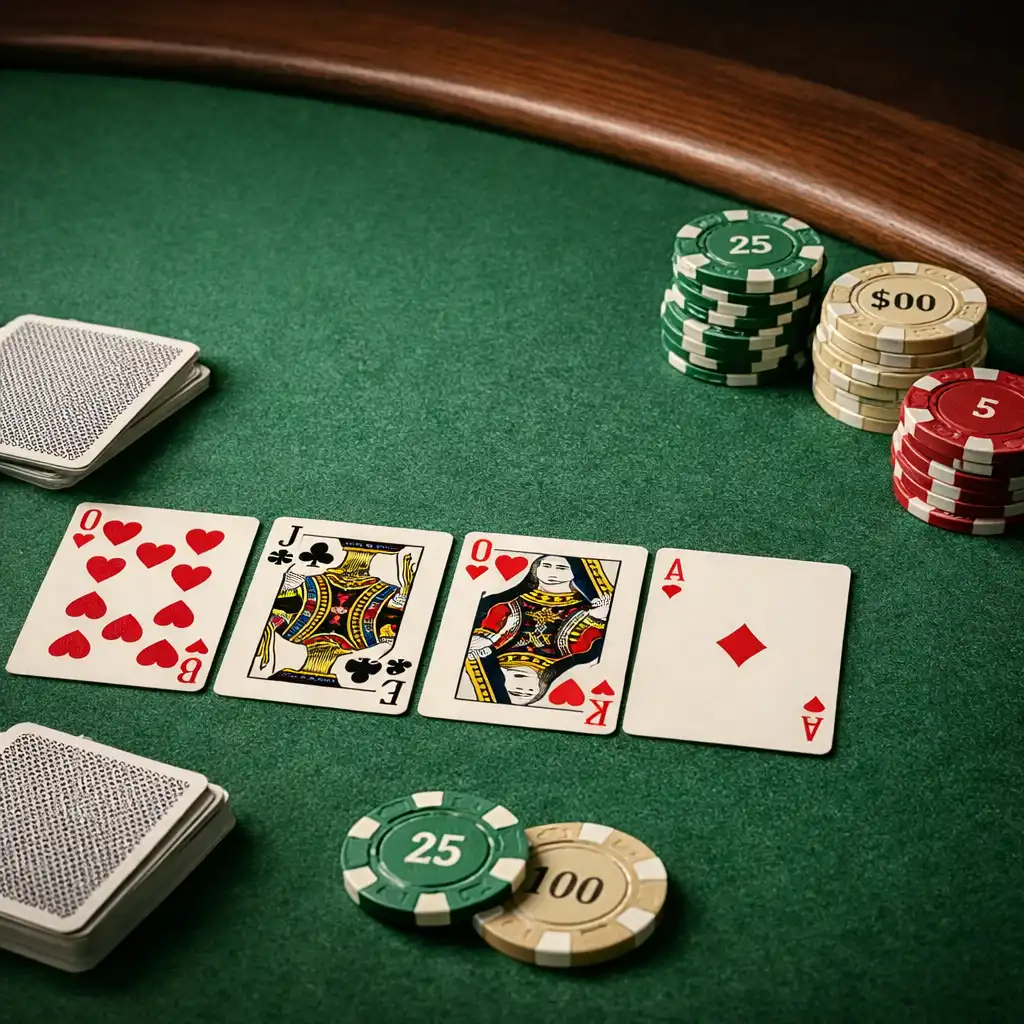 Detail pokerového stolu se zeleným suknem, kartami a žetony