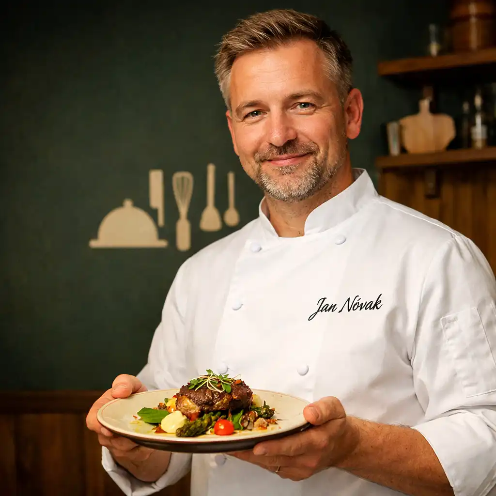 Šéfkuchař Jan Novák v bílé zástěře drží talíř s pokrmem v kuchyni restaurace