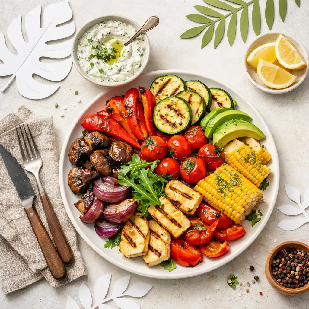 Vegetariánský pokrm s grilovanou zeleninou a bylinkovým dipem